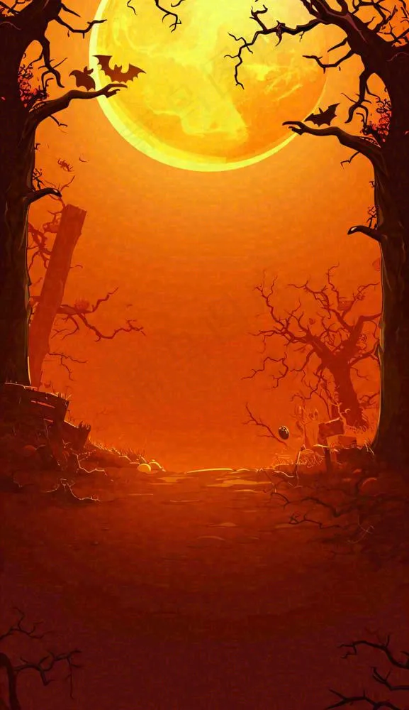 万圣节夜晚恐怖树枝橙黄色暗黑，西方节日(832x1440)