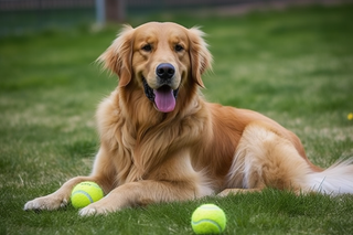 金毛宠物狗在草坪玩球开心摄影图