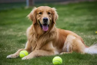 金毛宠物狗在草坪玩球开心摄影图