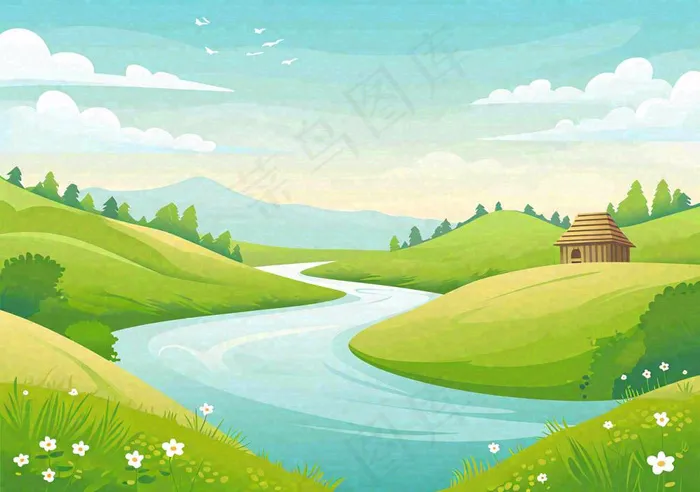 春日旅行草坪草丛花朵河流小溪野外郊游插画，春分(1296x912)
