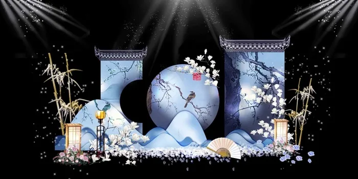 新中式蓝色清新婚礼迎宾区效果图psd模版下载