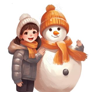 雪天女孩堆雪人卡通插画免抠