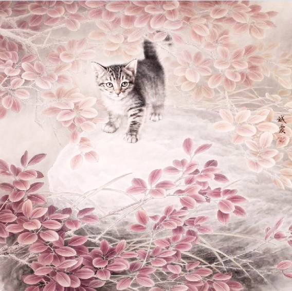 油画 小猫 风景 背景墙