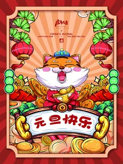 虎年新年海报展板PSD模板2022元旦快乐