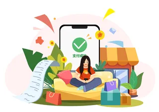 彩色简约扁平风插画购物人物下单