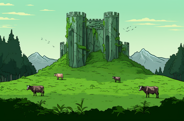 高耸的城堡墙壁前，绿色的草地山顶上的奶牛，森林朋克、绿色主义的风格
