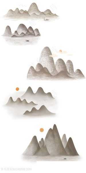 国画山水水墨轮船云朵卡通插画