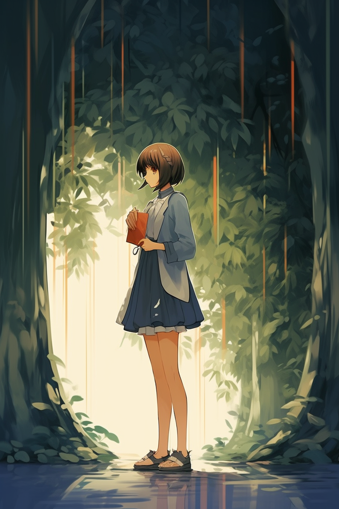 少女学生站在绿叶树下阳光卡通插画素材