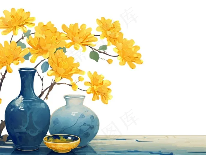 重阳黄色菊花花瓶饮茶插画免抠(1232x928)