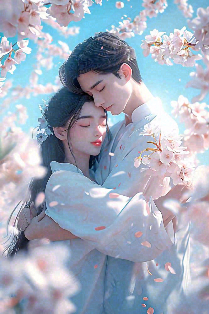 爱情情侣拥抱情人节浪漫粉色花朵，蓝天白云(896x1344)
