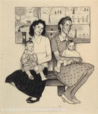 诺曼 · 洛克威尔手绘两对母子装饰画