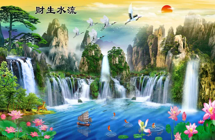 高山流水蓝天荷花小船背景墙psd模版下载