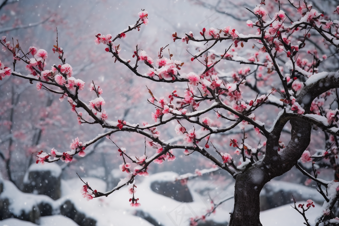 冬季梅花树枝白雪覆盖雪景摄影图(4032x2688)