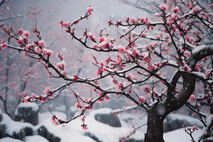冬季梅花树枝白雪覆盖雪景摄影图(4032x2688)
