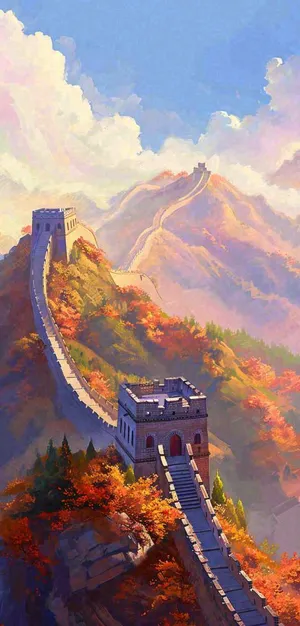 中国风长城雄伟建筑户外手绘插画