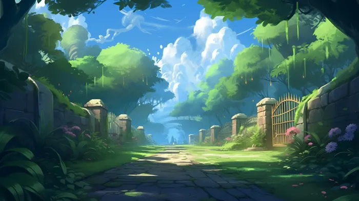 后院花园公园绿荫卡通插画背景(4368x2448)