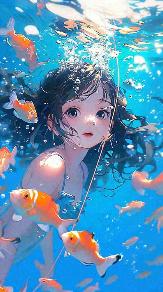 阳光水底光照游泳长发美人，鱼类金鱼，水气泡