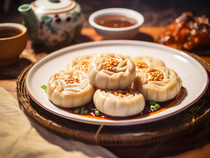 中秋木质托盘餐具上摆放着的月饼和茶壶杯子摄影图