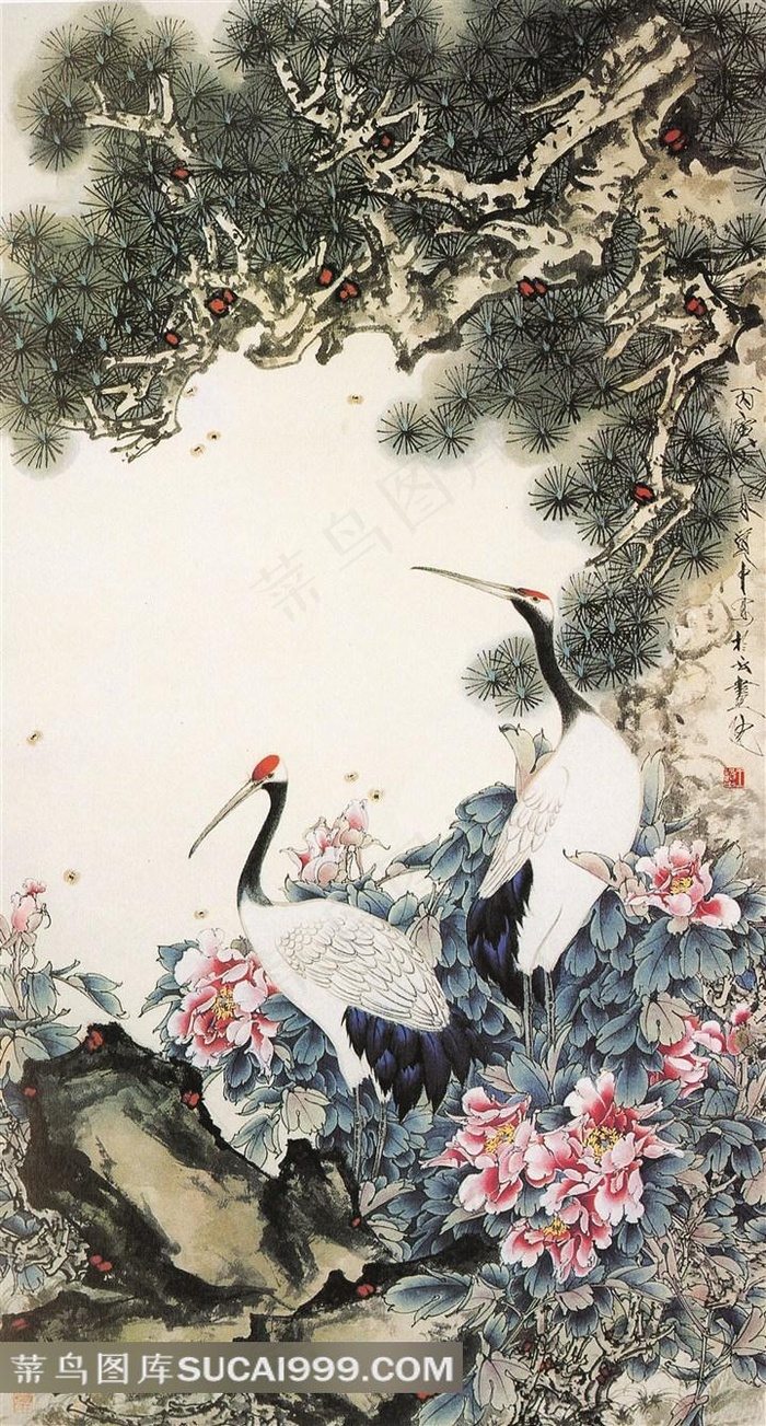 中国风古朴工笔画仙鹤松树牡丹高清图片