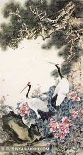 中国风古朴工笔画仙鹤松树牡丹高清图片