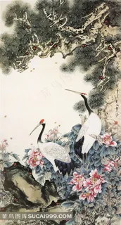 中国风古朴工笔画仙鹤松树牡丹高清图片