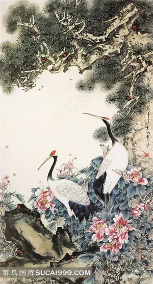 中国风古朴工笔画仙鹤松树牡丹高清图片 中国风古朴工笔画仙鹤松树牡丹高清图片