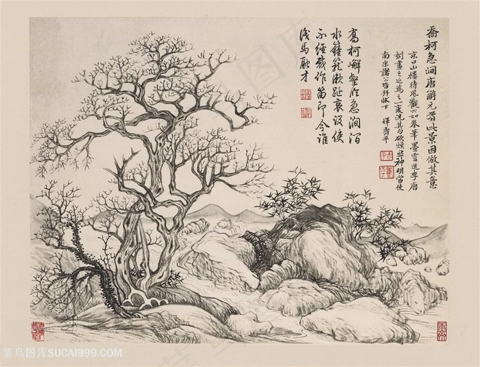 清代书画家恽寿平山水图册之乔柯急涧国画图片