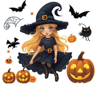 万圣节女巫蝙蝠南瓜卡通插画免抠