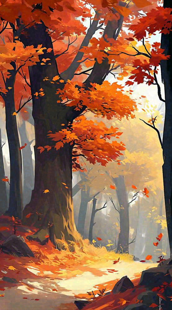 秋天红色秋叶树落叶温馨自然风景，立秋手绘插画(816x1472)