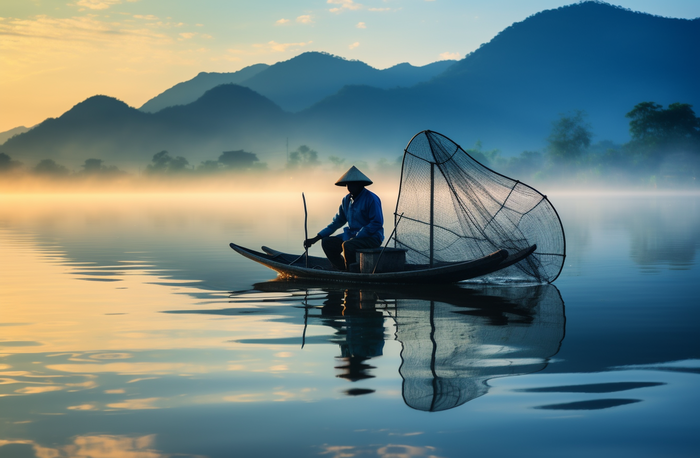 湖泊江河里的打渔船老伯摄影图