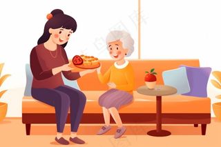 奶奶孙女品尝美食陪伴欢乐插画素材背景