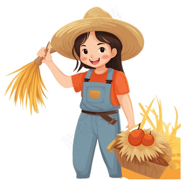 秋收女孩农忙工具南瓜麦子插画免抠(1024x1024)