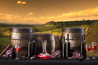 高档红葡萄酒和葡萄酒庄园高清图片