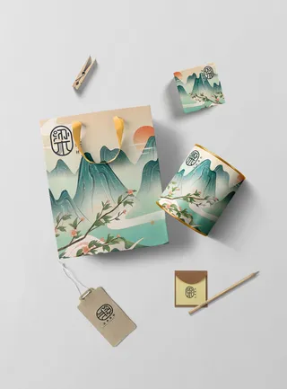 高端文创样机素材产品中国风国潮logo礼盒包装VI智能贴图PSD模板