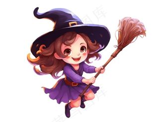 女巫扫帚紫色万圣节插画免抠