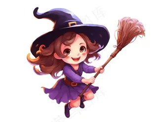 女巫扫帚紫色万圣节插画免抠