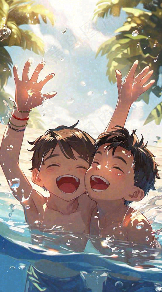夏天火辣阳光少年游泳清爽插画，夏至夏季小暑大暑暑假(816x1472)