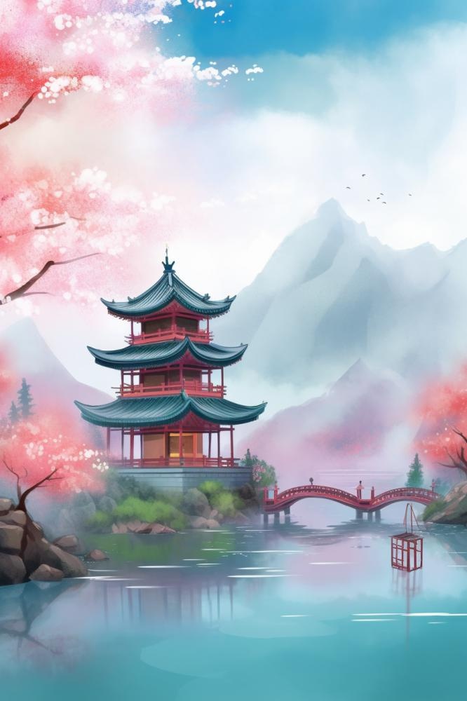浪漫古风山水风景插画背景(896x1344)