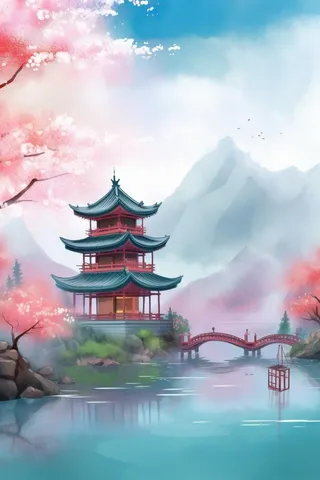 浪漫古风山水风景插画背景