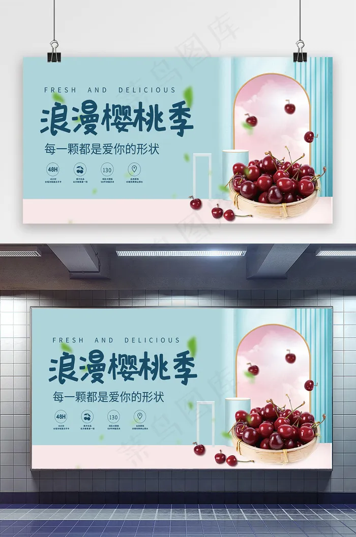 浪漫樱桃季新鲜车厘子水果展板psd模版下载
