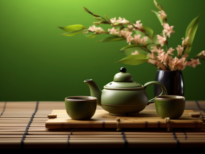 茶壶茶杯绿色背景(3696x2784)