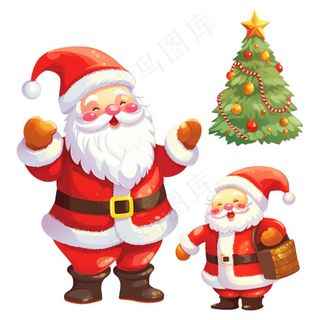 圣诞老人圣诞树卡通插画免抠