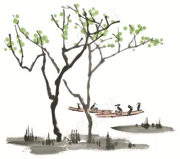 树木工笔国画图片素材