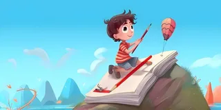 儿童放假写作业天空热气球卡通背景