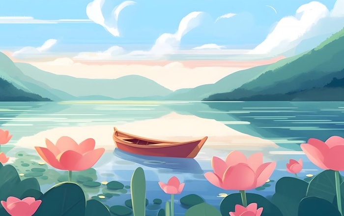 湖中泛舟山森林绿叶花风景插画海报素材背景(5504x3456)