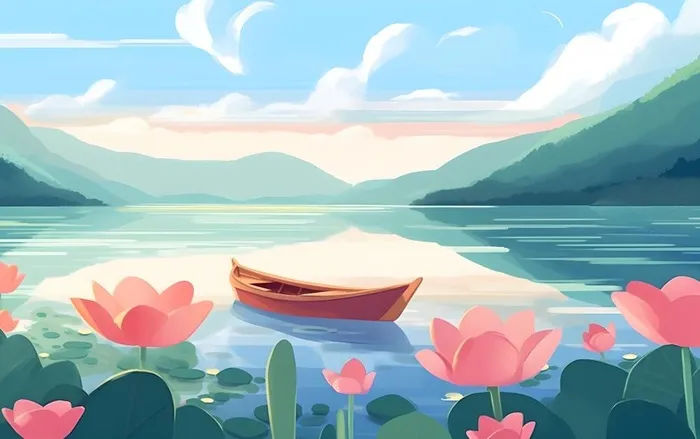 湖中泛舟山森林绿叶花风景插画海报素材背景(5504x3456)