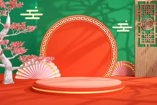 中国风古典喜庆C4D背景图3D国潮场景促销活动海报PSD设计素材模板