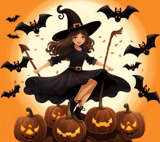 万圣节女巫南瓜灯蝙蝠恐怖卡通插画背景