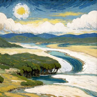 远山大河日出现代简约风格莫兰迪色系风景油画装饰画