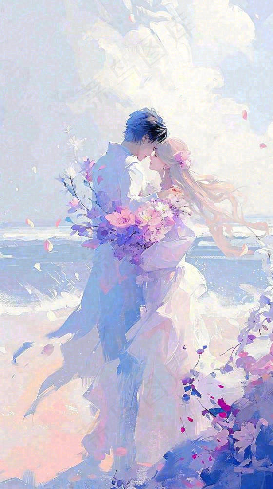 海边爱情情侣浪漫拥抱接吻，情人节婚纱照手绘插画(816x1456)